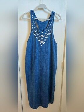 Vintage Mirage Artwear Studded Denim Maxi Dress - Blue
